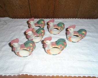 Vintage Set of Six Resin Rooster Chicken Design Napkin Ring Holders Country Kitchen Decor