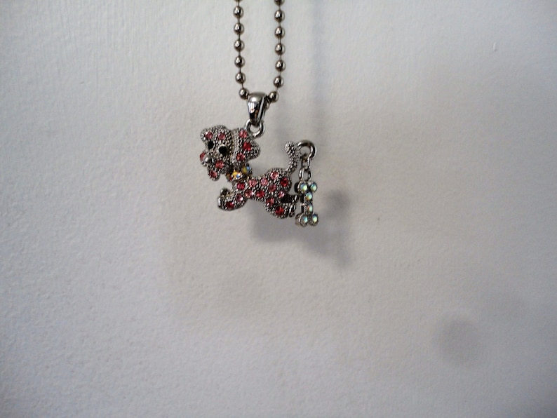 Pu&ograve; includere: Una collana a catena d'argento con un ciondolo a forma di barboncino con strass rosa e un ciondolo a forma di osso.