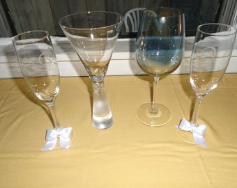 Four Bar Glasses Bride and Groom Flutes Wine Martini Cocktail Holders