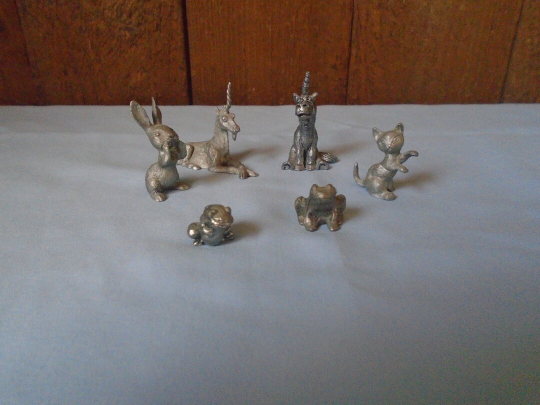 Vintage Pewter Figurines Set of 6 Unicorns Rabbit Frogs Cat Spoontique Etsy