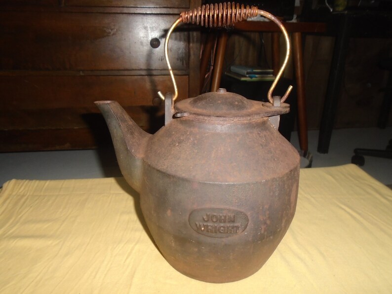 Vintage John Wright Cast Iron Tea Kettle Etsy