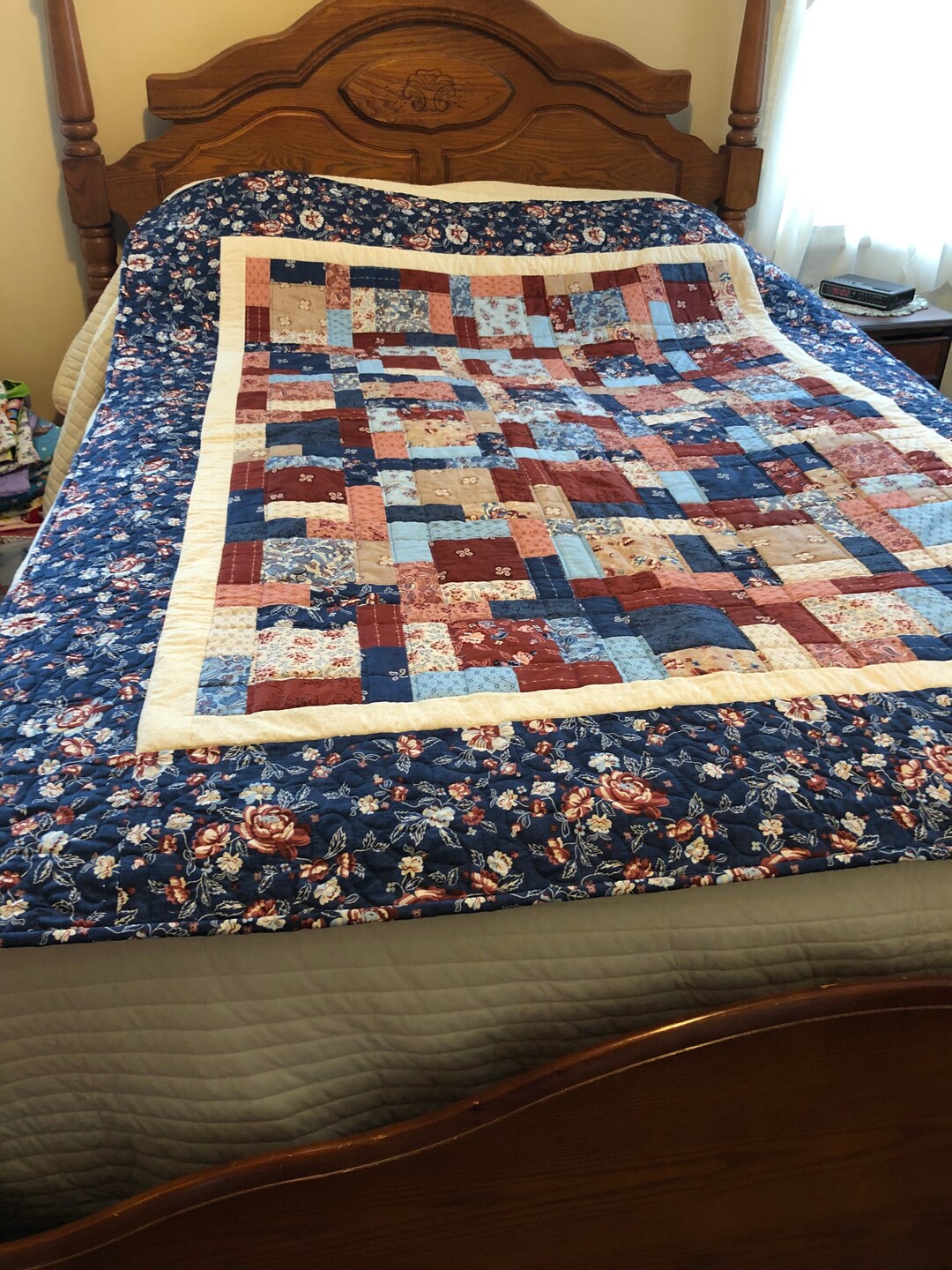 60 X 76 Blue Floral Quilt Etsy