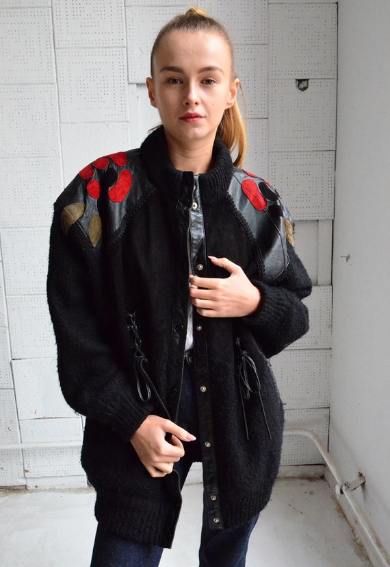 Vintage Black Cardigan with Leather