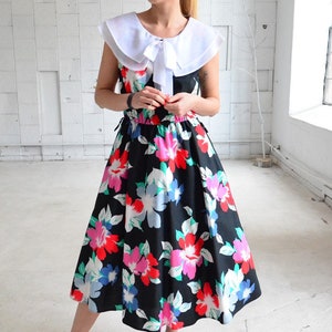 Black Vintage Dress with Big Black Flowers 90s