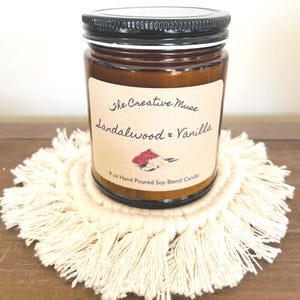 Sandalwood and Vanilla 9 oz Candle in Amber Jar, romantic gift, gifts for him, gifts for her, unisex fragrance,