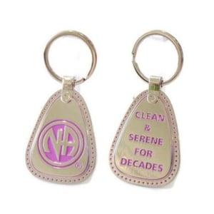 NA Clean & Serene For Decades Purple Metal Keychain Key Tag Narcotics Anonymous 12 Step Recovery