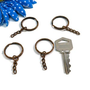 May include: Four bronze-colored metal key rings, each featuring a short attached chain, arranged alongside a single silver-colored metal house key. A blue and white polka-dot flower petal element is visible in the upper left corner.