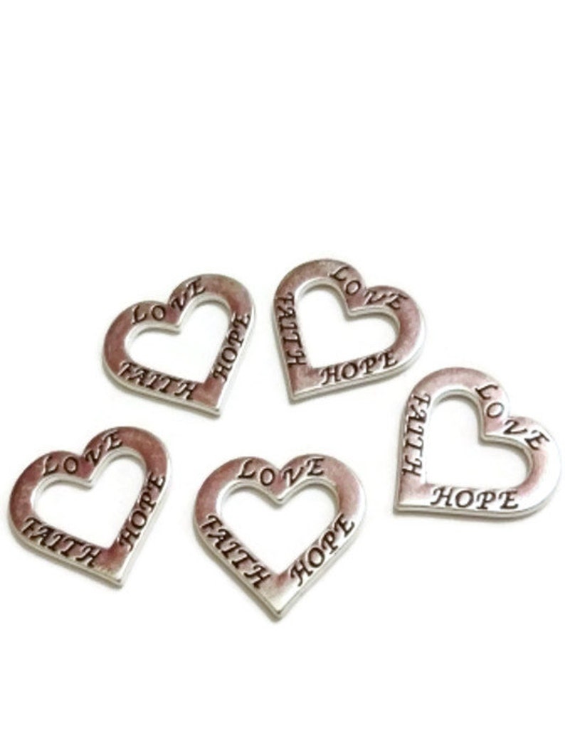 10 Pcs \u2018Faith Love Hope\u2019 Open Heart Pendant Charm Connectors