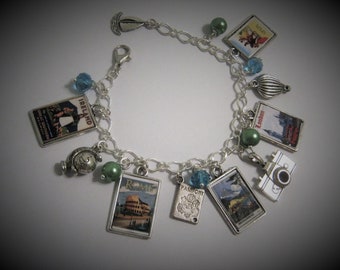 YOUR CHOICE Vintage Travel Charm Bracelet - Choose your countries/cities -  Handmade Unique