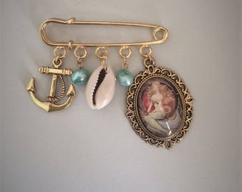 Vergoldete Meerjungfrau Brosche mit Süßwasserperlen / Taschennadel Handmade, Unikat