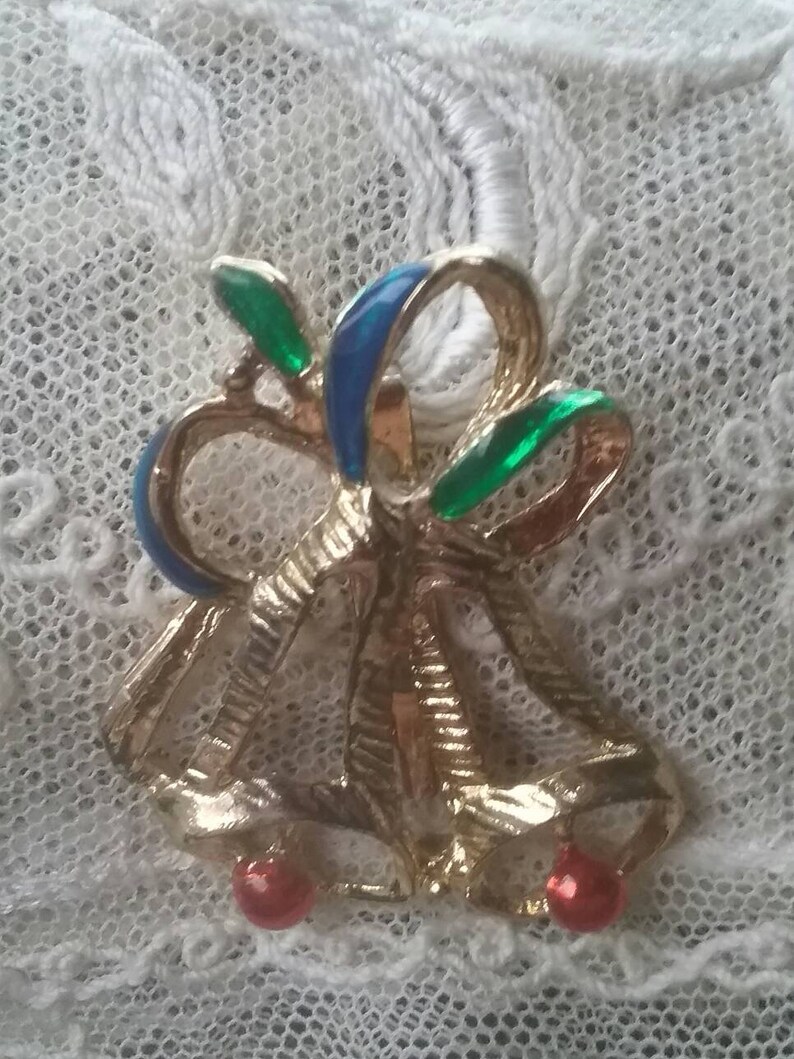 Vintage Gold Tone Bell Blue Green Ribbon Brooch for Shawl Scarf or lapel Christmas.