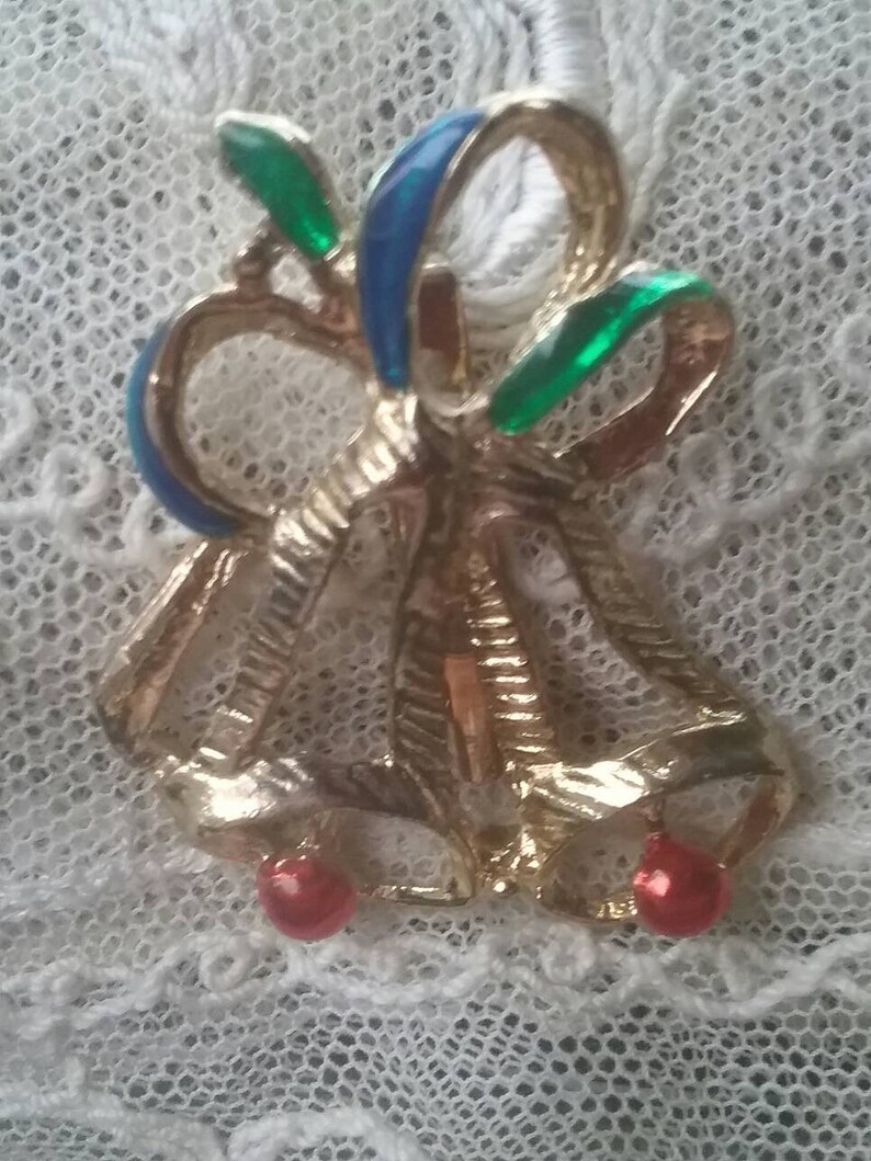 Vintage Gold Tone Bell Blue Green Ribbon Brooch for Shawl Scarf or lapel Christmas.