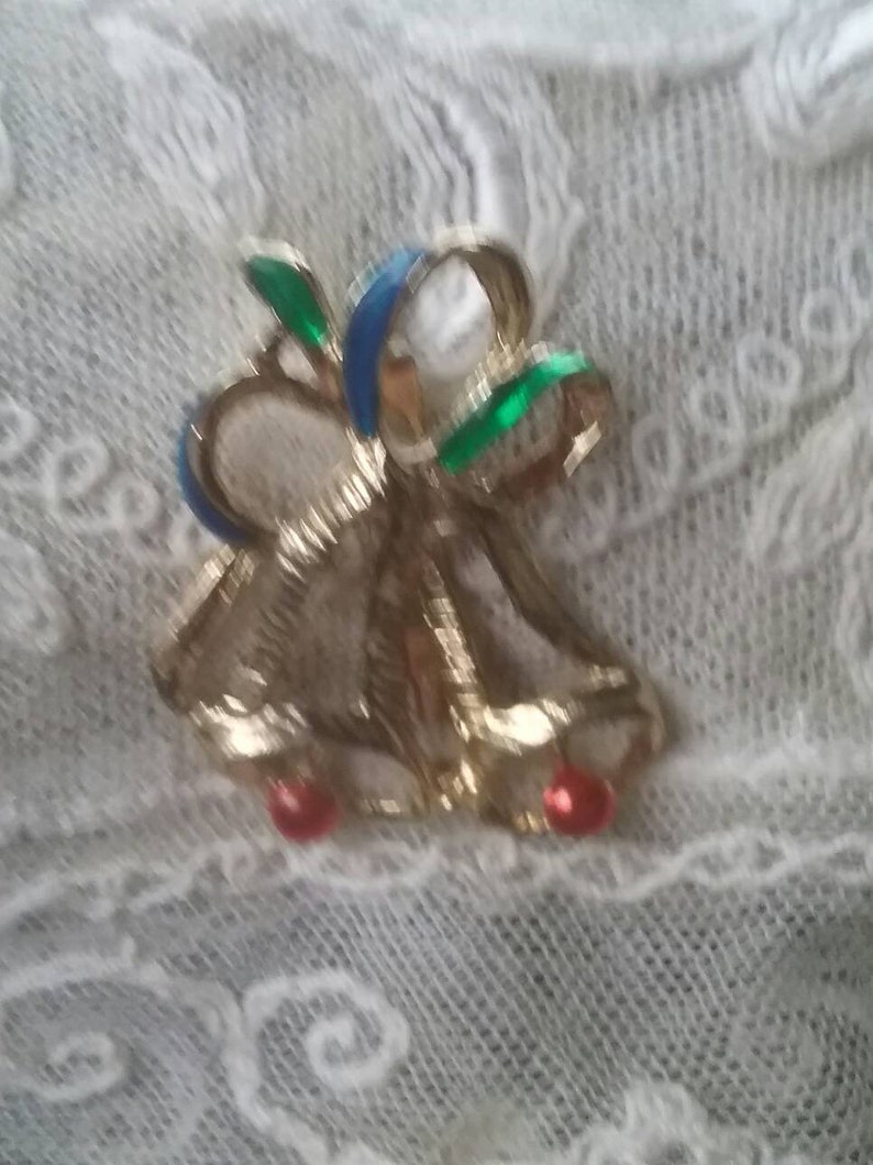 Vintage Gold Tone Bell Blue Green Ribbon Brooch for Shawl Scarf or lapel Christmas.
