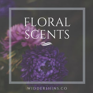 May include: A close-up of purple and pink flowers with the text "FLORAL SCENTS" and the website address "WIDDERSHINS.CO" in a white frame.