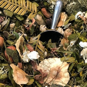 Peut inclure: Gros plan sur une variété de plantes et de fleurs séchées, y compris des fleurs blanches, des feuilles brunes et de la mousse verte. Une petite pelle en argent est partiellement visible au centre de l'image.