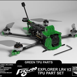 May include: A green TPU part set for a Flywoo Explorer LR4 V2 drone, including four arm protectors, a GoPro mount with hardware, an O4 wide camera mount, an RX antenna mount, a VTX O4 lite antenna mount, a GPS mount, and a buzzer mount.