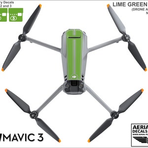 May include: Lime green decals for a DJI Mavic 3 drone. The decals include numbered battery decals for batteries 1, 2, and 3.  The drone and batteries are not included.