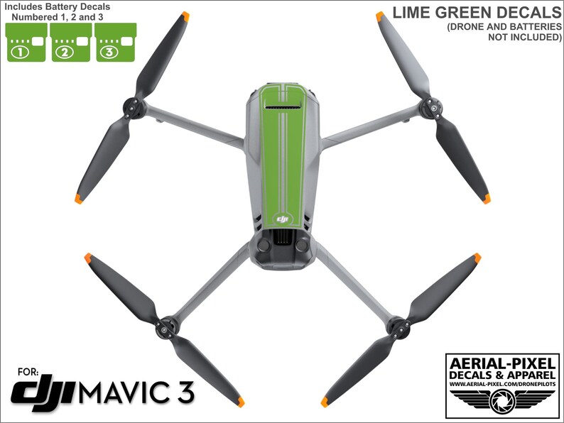May include: Lime green decals for a DJI Mavic 3 drone. The decals include numbered battery decals for batteries 1, 2, and 3.  The drone and batteries are not included.