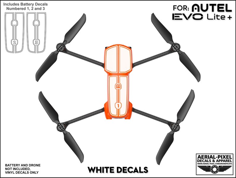 Pu&ograve; includere: Adesivi in ​​vinile bianco per un drone Autel EVO Lite+ arancione e bianco. Gli adesivi sono numerati 1, 2 e 3. PER: AUTEL EVO Lite+  ADESIVI BIANCHI AERIAL-PIXEL DECALS & APPAREL WWW.AERIAL-PIXEL.COM/DRONEPILOTS