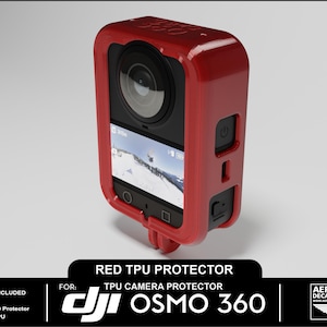 Może przedstawiać: Czerwona osłona kamery TPU do kamery DJI Osmo 360. Osłona jest drukowana w 3D i wykonana z TPU. Kamera nie jest dołączona. Osłona ma wycięcia na obiektyw, ekran i przyciski kamery.