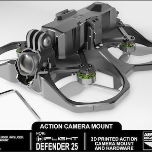 May include: A 3D printed action camera mount for the iFlight Defender 25 drone. The mount is made of black plastic and has a GoPro mount on the front. The mount is designed to be lightweight and durable. The image also includes text that says "DRONE NOT INCLUDED. INCLUDES: 1 TPU GOPRO MOUNT 1 M5 BOLT 1 M5 NUT 1 HEX WRENCH" and "FOR: iFlight Defender 25 3D PRINTED ACTION CAMERA MOUNT AND HARDWARE".