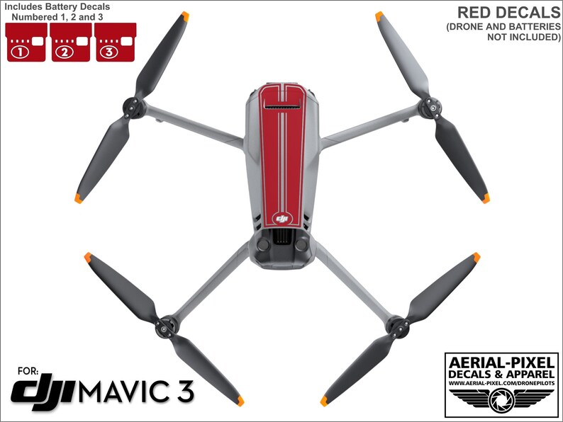 May include: Red and gray vinyl decals for a DJI Mavic 3 drone. The decals include a red stripe down the center of the drone and a gray stripe on each side. The decals also include numbered battery decals for the drone's batteries.