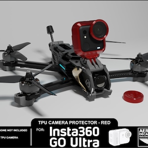 May include: A red TPU camera protector for Insta360 GO Ultra, mounted on a drone frame with four propellers. The image includes the text "TPU CAMERA PROTECTOR - RED" and "Insta360 GO Ultra". A red cap is also visible.