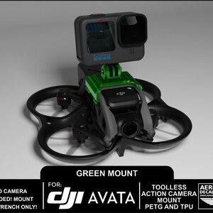 May include: Green 3D printed mount for a DJI Avata drone with a GoPro action camera attached. The mount is designed to be tool-less and is made from PETG and TPU.