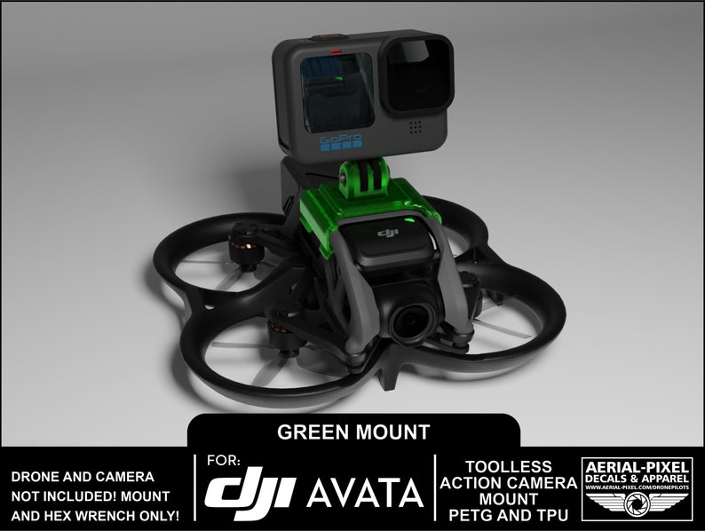 May include: Green 3D printed mount for a DJI Avata drone with a GoPro action camera attached. The mount is designed to be tool-less and is made from PETG and TPU.