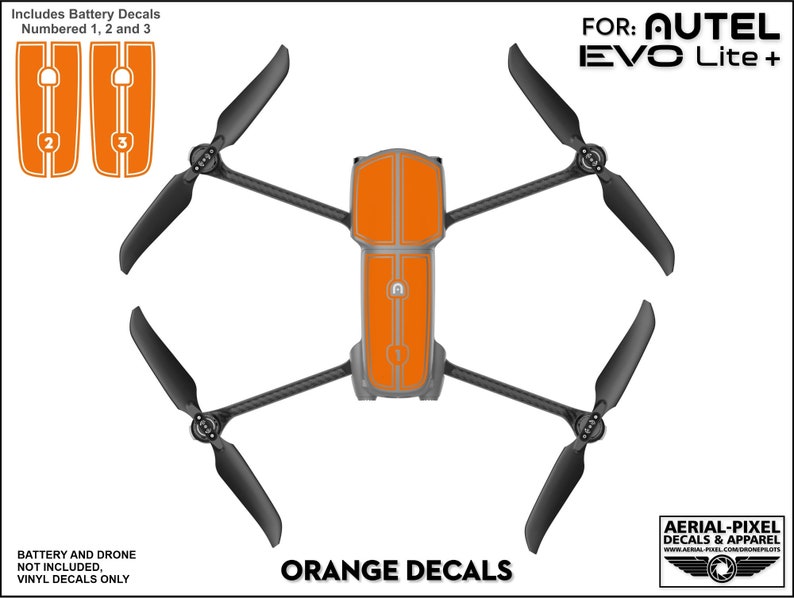 Pu&ograve; includere: Adesivi in ​​vinile arancioni per un drone Autel EVO Lite+. Gli adesivi coprono il corpo del drone e la batteria. Gli adesivi sono numerati 1, 2 e 3.