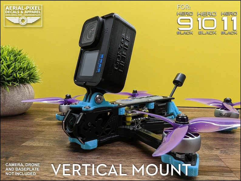 May include: A black GoPro camera mounted on a blue and black drone frame with purple propellers. The text "VERTICAL MOUNT" is displayed below the drone. The image also includes the text "FOR: HERO 9 10 11 BLACK BLACK BLACK".