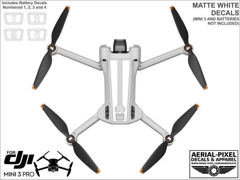 K&ouml;nnte beinhalten: Matte wei&szlig;e Aufkleber f&uuml;r eine DJI Mini 3 Pro Drohne. Die Aufkleber beinhalten nummerierte Batterieaufkleber und wei&szlig;e Streifen f&uuml;r den Drohnenk&ouml;rper. Die Drohne ist nicht im Lieferumfang enthalten.