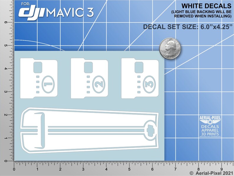 May include: White decal set for a DJI Mavic 3 drone. The set includes three numbered decals, a decal with two stripes, and a decal with a small circle. The decals are 6 inches by 4.25 inches.