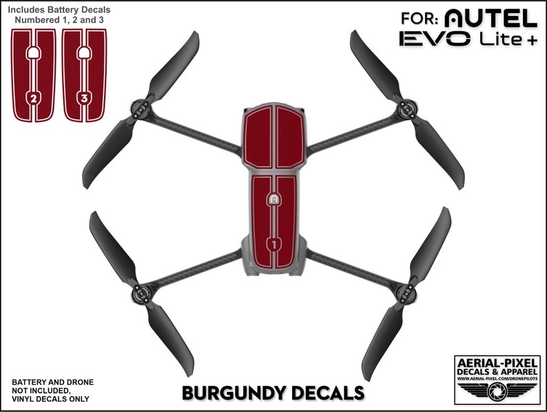 Pu&ograve; includere: Adesivi in ​​vinile color borgogna per il drone Autel EVO Lite+. Gli adesivi sono numerati da 1 a 3 e sono progettati per essere applicati alla batteria del drone.