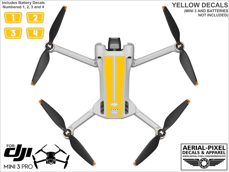 K&ouml;nnte beinhalten: Gelbe und wei&szlig;e Vinyl-Aufkleber f&uuml;r eine DJI Mini 3 Pro Drohne. Die Aufkleber beinhalten einen Satz von vier nummerierten Akku-Aufklebern und zwei lange Streifen f&uuml;r den Drohnenk&ouml;rper. Die Aufkleber werden separat von der Drohne und den Akkus verkauft.