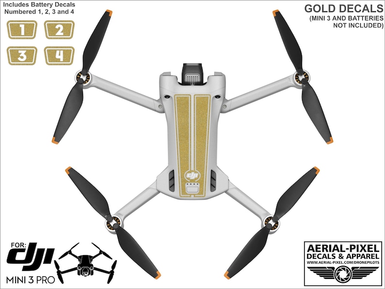 K&ouml;nnte beinhalten: Goldene Aufkleber f&uuml;r eine DJI Mini 3 Pro Drohne. Die Aufkleber sind goldfarben und haben eine strukturierte Oberfl&auml;che. Die Aufkleber sind so konzipiert, dass sie auf den Rumpf und die Propeller der Drohne passen. Das Bild zeigt auch einen Satz nummerierter Akku-Aufkleber.