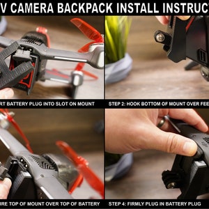May include: A four-step guide on how to install a DJI FPV camera backpack. The images show a person's hand installing the backpack onto a drone battery. The steps are: 1. Insert battery plug into slot on mount. 2. Hook bottom of mount over feet on battery. 3. Secure top of mount over top of battery. 4. Firmly plug in battery plug.