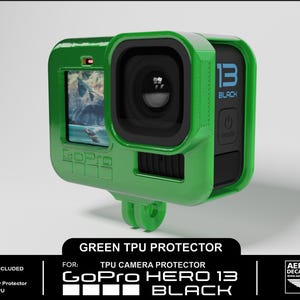May include: Green TPU camera protector for GoPro Hero 13 Black. The protector is 3D printed from TPU and is designed to fit the camera snugly. The protector has a black and white GoPro logo on the front.