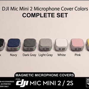 Könnte beinhalten: Ein komplettes Set aus sieben magnetischen Mikrofonabdeckungen für das DJI Mic Mini 2 in Schwarz, Marineblau, Dunkelgrau, Hellgrau, Weiß, Pink und Gelb. Der Text lautet DJI Mic Mini 2 Microphone Cover Colors COMPLETE SET und MAGNETIC MICROPHONE COVERS.