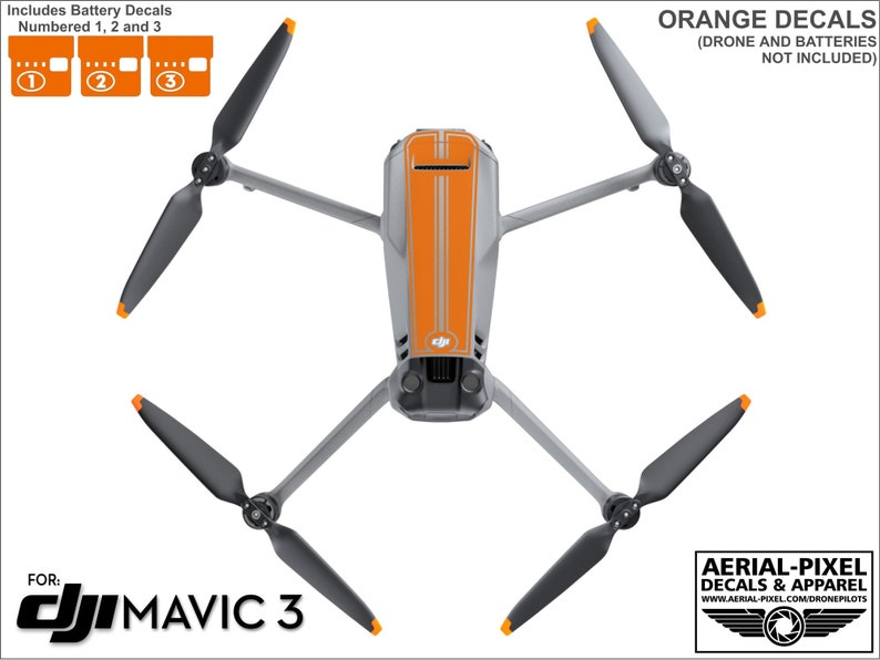 May include: Orange and gray drone with decals. The drone has four propellers and a camera. The decals are numbered 1, 2, and 3. The text "FOR: DJI MAVIC 3" is in the lower left corner. The text "ORANGE DECALS (DRONE AND BATTERIES NOT INCLUDED)" is in the upper right corner. The text "AERIAL-PIXEL DECALS & APPAREL www.AERIAL-PIXEL.COM/DRONEPILOTS" is in the lower right corner.