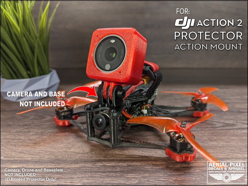 May include: A 3D printed red protector for a DJI Action 2 camera, mounted on a small drone with orange propellers. The text "FOR: DJI ACTION 2 PROTECTOR ACTION MOUNT" is visible in the upper right corner of the image.