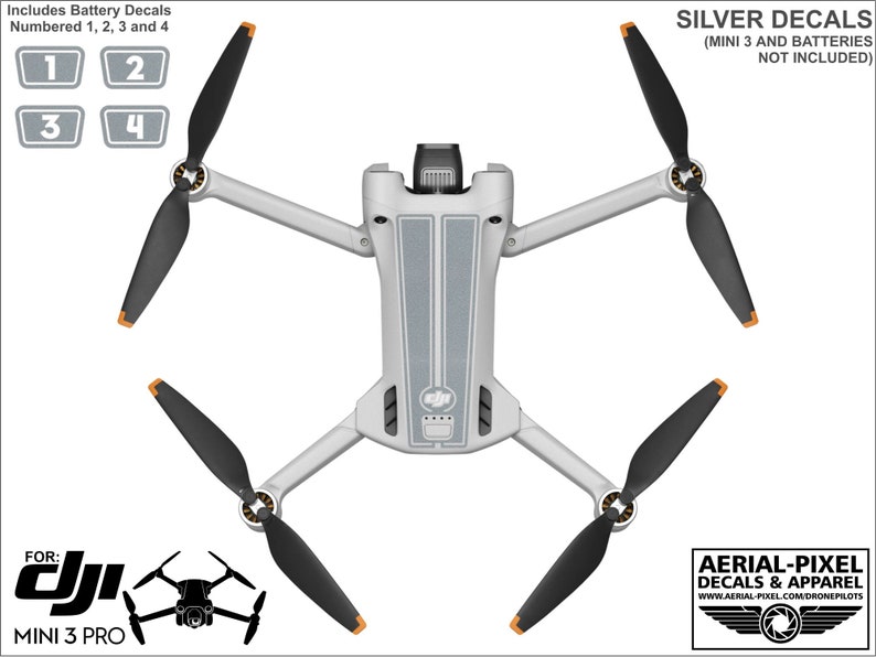 K&ouml;nnte beinhalten: Silberne Aufkleber f&uuml;r eine DJI Mini 3 Pro Drohne. Die Aufkleber sind so konzipiert, dass sie auf den Rumpf und die Propeller der Drohne passen. Die Aufkleber sind von 1 bis 4 nummeriert. Das Bild zeigt die Aufkleber, die auf die Drohne aufgebracht wurden.