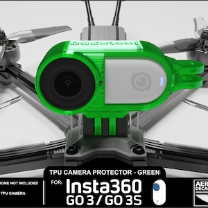 May include: Green 3D printed TPU camera protector for Insta360 GO 3/GO 3S action cameras.  The protector is designed to fit over the camera lens and body, providing protection from scratches and bumps.