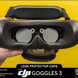 May include: A pair of black lens protectors for DJI Goggles 3. The protectors are 3D printed from TPU and are designed to protect the lenses from scratches and damage.