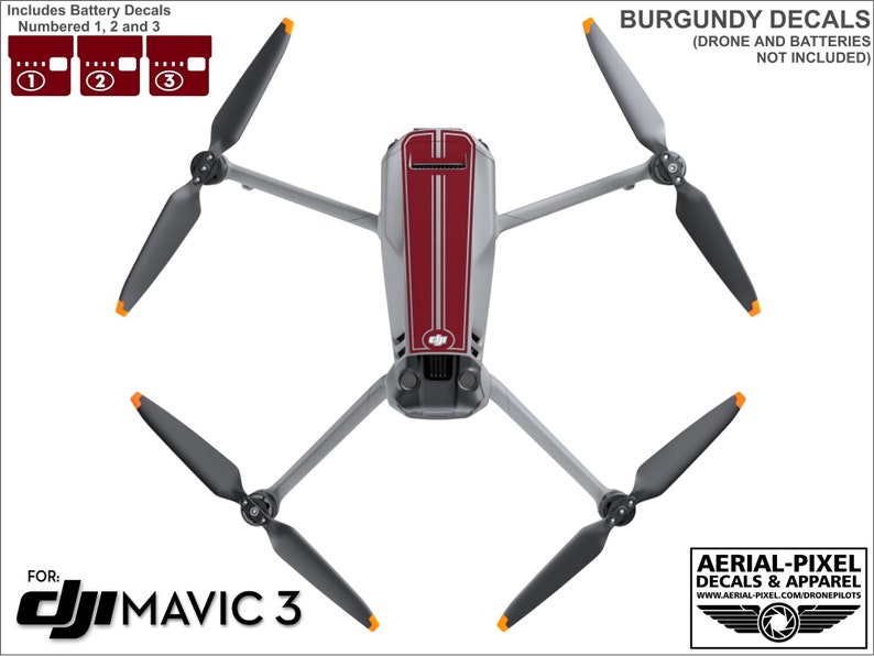 May include: Burgundy and gray vinyl decals for a DJI Mavic 3 drone. The decals include a red stripe down the center of the drone and two gray stripes on either side of the red stripe. The decals also include numbered decals for the drone's batteries.