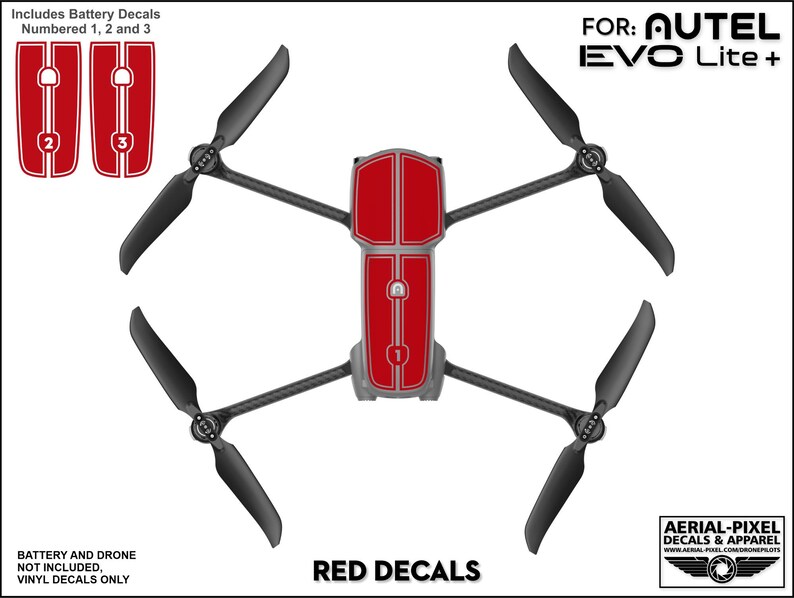 Pu&ograve; includere: Adesivi in ​​vinile rosso per la batteria del drone Autel EVO Lite+. Gli adesivi sono numerati da 1 a 3.  FOR: AUTEL EVO Lite+  RED DECALS AERIAL-PIXEL DECALS & APPAREL WWW.AERIAL-PIXEL.COM/DRONEPILOTS