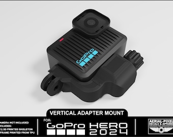 May include: Black GoPro Hero 2024 vertical adapter mount. The mount includes a 3D printed skeleton frame. The GoPro logo is visible in blue. The text "Vertical Adapter Mount" is displayed on the image.