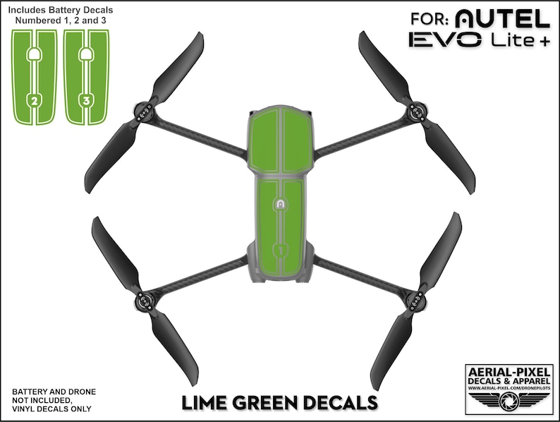 Pu&ograve; includere: Adesivi in ​​vinile verde lime per un drone Autel EVO Lite+. Gli adesivi sono progettati per coprire il corpo e la batteria del drone. L'immagine mostra gli adesivi applicati al drone.
