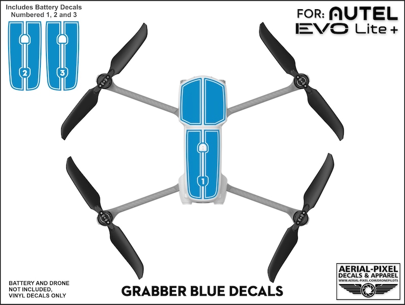 Pu&ograve; includere: Un drone Autel Evo Lite+ con adesivi in ​​vinile blu e bianco. Gli adesivi sono numerati da 1 a 3. Il drone &egrave; mostrato dall'alto con le eliche rimosse. Il testo "GRABBER BLUE DECALS" &egrave; visibile sotto il drone.