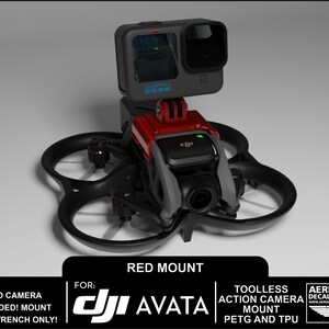 May include: Red 3D printed mount for a GoPro action camera, designed to fit a DJI Avata drone. The mount is made of PETG and TPU and is tool-less. The text "RED MOUNT" and "FOR: DJI AVATA" is visible in the image. The text "TOOLLESS ACTION CAMERA MOUNT PETG AND TPU" is also visible in the image.
